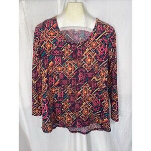 LuLaRoe Lynnae  Pink Yellow Geometric Top  Medium Long Sleeve Bright Spring X